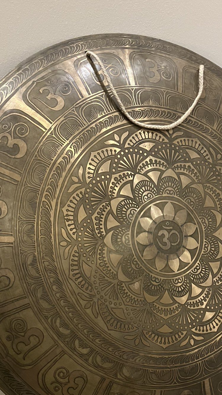Hand-engraved bronze gong with mandala and Om symbols